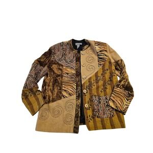 Indigo Moon Womens Large Velvet Quilted Embroidered Tapestry Jacket Boho Gold L